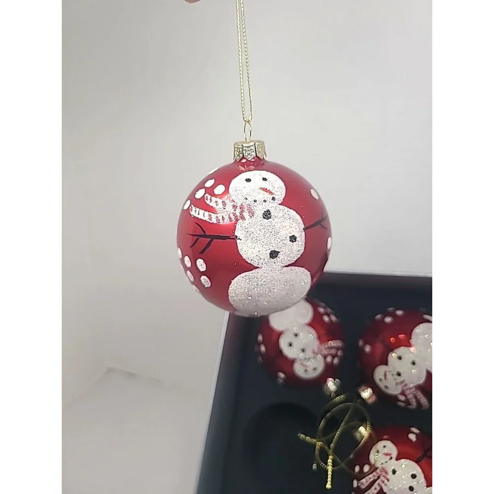 Vintage Season’s Designs Mouth Blown Glass Ornaments Red W/Skating Snowmen 4pc